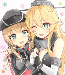 Rule 34 | &gt; o, 10s, 2girls, ;d, anchor, anchor hair ornament, azuhira, bare shoulders, blonde hair, blue eyes, blush, breasts, cleavage, commentary, cross, elbow gloves, eyebrows, fingerless gloves, gloves, green eyes, hair between eyes, hair ornament, hat, headgear, heads together, heart, holding hands, interlocked fingers, iowa (kancolle), iron cross, kantai collection, large breasts, long hair, looking at viewer, military hat, multiple girls, one eye closed, open mouth, peaked cap, prinz eugen (kancolle), smile, star-shaped pupils, star (symbol), symbol-shaped pupils, twintails, white gloves