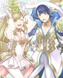 Rule 34 | 1girl, alfonse (fire emblem), animal, animal ears, aym (ash3ash3ash), blonde hair, blue hair, braid, breasts, brother and sister, rabbit, rabbit ears, rabbit tail, cleavage, detached collar, fake animal ears, fire emblem, fire emblem heroes, gloves, green eyes, long hair, looking at viewer, male playboy bunny, medium breasts, multicolored hair, nintendo, open mouth, pectorals, playboy bunny, sharena (fire emblem), short hair, siblings, simple background, smile, tail, white background