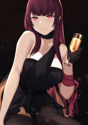 Rule 34 | 1girl, bare shoulders, bbk (13zk), black background, black dress, black gloves, black thighhighs, blush, breasts, choker, collarbone, cup, dress, drinking glass, girls&#039; frontline, gloves, highres, large breasts, long hair, looking at viewer, official alternate costume, purple hair, red eyes, smile, solo, thighhighs, wa2000 (ballroom interlude) (girls&#039; frontline), wa2000 (girls&#039; frontline)
