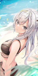 Rule 34 | 1girl, absurdres, back, beach, bikini, black bikini, black headband, blush, breasts, closed eyes, day, fathom, grey eyes, hair between eyes, headband, highres, kantai collection, long hair, looking at viewer, looking to the side, looking up, medium breasts, ocean, official alternate costume, outdoors, sand, silver hair, sitting, solo, suzutsuki (kancolle), swimsuit, tree, water