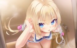 1girl absurdres adjusting_hair bare_arms bathroom bikini blonde_hair blue_eyes blunt_ends blurry blush bow breasts bright_pupils collarbone commentary_request cowboy_shot crossed_bangs depth_of_field doruzou18 downblouse eyelashes eyes_visible_through_hair foreshortening frown hair_between_eyes hair_bow hair_ribbon hair_spread_out hand_up highres index_finger_raised indoors leaning_forward long_hair low_twintails lower_teeth_only open_mouth pink_bow pink_ribbon pointing ribbon shirayuki_noa side-tie_bikini_bottom sidelocks small_breasts solo swimsuit teeth tenshi_souzou_re-boot! tsurime twintails v-shaped_eyebrows very_long_hair white_bikini