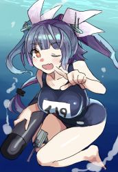 Rule 34 | 1girl, barefoot, blue hair, blue one-piece swimsuit, blush, breasts, commentary request, fang, hair ribbon, highres, i-19 (kancolle), index finger raised, kantai collection, large breasts, long hair, looking at viewer, mizoki kei, name tag, one-piece swimsuit, one eye closed, open mouth, purple hair, ribbon, school swimsuit, sketch, solo, swimsuit, torpedo, tri tails, underwater, water