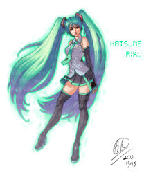 Rule 34 | 10s, 1girl, 2012, boots, character name, dated, detached sleeves, green hair, hatsune miku, headset, high heels, long hair, necktie, renirevenge, shoes, skirt, solo, thigh boots, thighhighs, twintails, very long hair, vocaloid