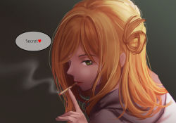 Rule 34 | 10s, 1girl, backlighting, blonde hair, cigarette, english text, eyelashes, finger to mouth, green eyes, grey background, heart, index finger raised, kyoungi, kyoungi nyang, light smile, lips, looking at viewer, love live!, love live! sunshine!!, messy hair, mouth hold, ohara mari, portrait, shushing, simple background, smoke, smoking, solo, speech bubble, swept bangs