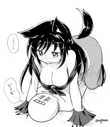 Rule 34 | 1boy, 1girl, animal ears, blush, breasts, brooch, cleavage, dress, dutch angle, foreshortening, girl on top, greyscale, hat, imaizumi kagerou, jewelry, large breasts, long hair, long sleeves, looking down, monochrome, nose blush, sin sack, strapless, strapless dress, sweatdrop, tail, taurine 8000mg, touhou, translated, twitter username, wolf ears, wolf tail