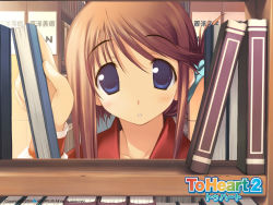 Rule 34 | 00s, 1girl, :o, amazuyu tatsuki, blue eyes, blush, book, bookshelf, brown hair, folded ponytail, indoors, komaki manaka, library, looking at viewer, official art, official wallpaper, parted lips, short hair, solo, to heart (series), to heart 2, wallpaper