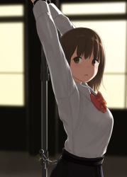 Rule 34 | 1girl, arms up, bad id, bad pixiv id, bdsm, blouse, blush, bondage, bound, bow, bowtie, brown eyes, brown hair, chain, from side, highres, long sleeves, looking away, minagiku, original, red bow, red bowtie, restrained, school uniform, shirt, solo, white shirt