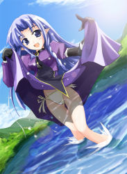 Rule 34 | 00s, 1girl, black gloves, blue eyes, blue hair, clothes lift, dress, dress lift, dutch angle, elbow gloves, fate/stay night, fate (series), gloves, long hair, matching hair/eyes, medea (fate), panties, pointy ears, purple dress, side-tie panties, skirt, skirt lift, solo, standing, thigh gap, thighs, underwear, wading, water, white panties