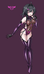 Rule 34 | 1girl, absurdres, ahoge, alternate costume, alternate eye color, arknights, bare shoulders, black gloves, black hair, blush, boots, breasts, brown leotard, budesonide, corruption, covered navel, dark persona, feather hair, full body, gloves, gluteal fold, hair intakes, hair ornament, hairclip, highres, holding, la pluma (arknights), leaning forward, leotard, long sleeves, looking at viewer, medium breasts, nipples, off shoulder, pubic tattoo, purple background, purple eyes, purple footwear, see-through, short hair, simple background, skin tight, solo, standing, tattoo, test tube, thigh boots, thigh gap