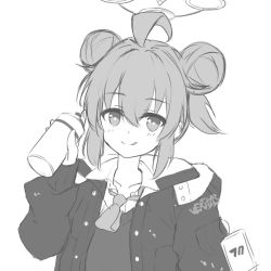 Rule 34 | 1girl, :q, ahoge, blue archive, double bun, greyscale, hair bun, halo, hand up, holding, id card, jacket, light blush, long sleeves, looking at viewer, maki (blue archive), miso (misomiso 154), monochrome, necktie, paint on clothes, short hair, sketch, smile, solo, spray can, spray paint, sweater vest, tongue, tongue out, white background