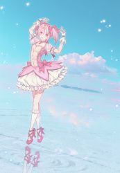 Rule 34 | 1girl, absurdres, ankle ribbon, arms up, blue sky, breasts, bubble skirt, buttons, choker, cloud, cloudy sky, collarbone, cross-laced footwear, dot nose, dutch angle, frilled skirt, frilled sleeves, frilled socks, frills, full body, gloves, hair between eyes, hair ribbon, happy, highres, horizon, kaname madoka, leg ribbon, legs together, light blush, light particles, light smile, looking at viewer, mahou shoujo madoka magica, mahou shoujo madoka magica (anime), open mouth, outdoors, pink choker, pink eyes, pink hair, pink neckwear, pink ribbon, puffy short sleeves, puffy sleeves, red footwear, red ribbon, reflection, ribbon, ribbon choker, ripples, see-through, short sleeves, skirt, sky, small breasts, socks, solo, soul gem, standing, standing on liquid, tareme, teeth, tiptoes, twintails, upper teeth only, water, white gloves, white skirt, white socks