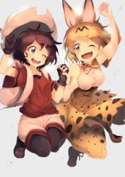 Rule 34 | 10s, 2girls, ;d, animal ears, arm up, bad id, bad pixiv id, bare shoulders, black gloves, black legwear, blonde hair, blue eyes, bow, bowtie, breasts, brown eyes, bucket hat, collarbone, elbow gloves, gloves, holding hands, hat, hat feather, head tilt, high-waist skirt, highres, kaban (kemono friends), kemono friends, looking at another, medium breasts, multiple girls, one eye closed, open mouth, panties, red shirt, serval (kemono friends), serval print, shirt, short hair, short sleeves, shorts, skirt, sleeveless, sleeveless shirt, smile, thighhighs, tree-raim, underwear, white shirt, white shorts