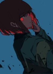 Rule 34 | 1other, absurdres, blue background, bob cut, brown hair, chara (undertale), closed mouth, colored inner hair, commentary, commentary request, dutch angle, english commentary, from side, glowing, glowing eyes, green sweater, hand on own chin, hand up, highres, light smile, long sleeves, looking at viewer, looking back, mixed-language commentary, multicolored hair, no pupils, red eyes, red hair, short hair, simple background, solo, striped clothes, striped sweater, sweater, tama konnyaku, turtleneck, turtleneck sweater, two-tone hair, undertale, upper body