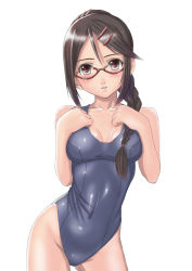 Rule 34 | 1girl, braid, breast suppress, breasts, brown eyes, brown hair, cleavage, cowboy shot, glasses, hair ornament, hairclip, medium breasts, muffin (sirumeria), one-piece swimsuit, original, red-framed eyewear, shiny clothes, simple background, solo, swimsuit, white background