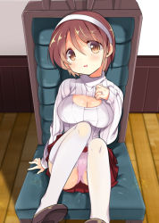 Rule 34 | 1girl, blush, breasts, brown eyes, brown hair, chair, cleavage cutout, clothing cutout, fujii rino, hairband, headband, jewelry, kantai collection, large breasts, long sleeves, meme attire, natori (kancolle), open-chest sweater, open mouth, panties, pantyshot, pink panties, pleated skirt, red skirt, ribbed sweater, ring, school uniform, serafuku, shoes, short hair, sitting, skirt, solo, sweater, tears, thighhighs, underwear, wedding ring, white thighhighs