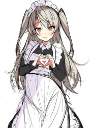 Rule 34 | 1girl, alternate costume, amatsukaze (kancolle), apron, black dress, brown eyes, closed mouth, dress, frilled apron, frills, heart, heart hands, highres, itsui (dihydrogenmonoxid), kantai collection, long skirt, looking at viewer, maid apron, maid headdress, simple background, skirt, smile, solo, standing, twintails, two side up, upper body, white apron, white background