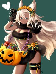 Rule 34 | 10s, 1girl, :d, animal ears, animal hands, aqua eyes, blush, breasts, bridal garter, candy, cat ears, chain, claws, cleavage, contrapposto, dark-skinned female, dark skin, erune, eyebrows, flower, food, fur collar, fur trim, granblue fantasy, grey background, hair between eyes, halloween, head wreath, heart, highres, jack-o&#039;-lantern, long hair, medium breasts, nemone, open mouth, outstretched arm, remon (kranchi), silhouette, smile, solo, standing, very long hair, white hair