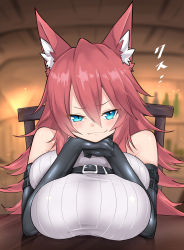 Rule 34 | 1girl, absurdres, animal ear fluff, animal ears, bar (place), bare shoulders, black gloves, blue eyes, breast rest, breast suppress, breasts, breasts on table, chair, commentary request, elbow gloves, firo (shun soku), gloves, hair between eyes, head rest, highres, huge breasts, long hair, looking at viewer, original, red hair, shirt, shun soku, sitting, sleeveless, sleeveless shirt, smirk, solo, table, upper body, wolf ears