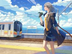 Rule 34 | 1girl, absurdres, animal, bare legs, belt, bird, black coat, black gloves, blue sky, closed mouth, cloud, cloudy sky, coat, day, dove, feet out of frame, food, gloves, grey hair, highres, hiko (scape), holding, holding food, honkai: star rail, honkai (series), hood, hooded coat, japan, long sleeves, looking ahead, medium hair, ocean, open hand, outdoors, railroad tracks, shirt, sign, sky, smile, solo, standing, stelle (honkai: star rail), thigh strap, trailblazer (honkai: star rail), train, train station, white shirt, wire, yellow eyes