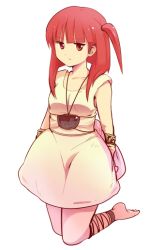 Rule 34 | 1girl, ankle lace-up, bad id, bad pixiv id, barefoot, cross-laced footwear, dorosousu, dress, feet, jewelry, kneeling, magi the labyrinth of magic, morgiana, necklace, red hair, sitting, skirt, solo, white dress, white skirt