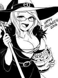 Rule 34 | 1girl, 2018, :d, belt, breasts, broom, candy, cleavage, commentary, english commentary, food, fur collar, glasses, greyscale, halloween bucket, halloween costume, happy halloween, hat, hat belt, high contrast, inktober, large breasts, long hair, monochrome, monorus, open mouth, original, robe, simple background, smile, solo, witch hat