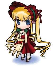 Rule 34 | 00s, 1girl, blonde hair, blue eyes, blush, bow, bowtie, chibi, chibi only, dress, expressionless, hat, holding, kunkun, long sleeves, looking at viewer, red dress, rozen maiden, shinku, simple background, solo, standing, stuffed animal, stuffed toy, white background