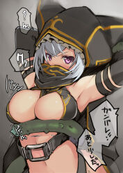 Rule 34 | 1girl, armpits, arms up, black gloves, black hood, black scarf, blush, breasts, buckle, cleavage, covered mouth, elbow gloves, flower knight girl, glaring, gloves, grey background, grey hair, jitome, kintarou (kintarou&#039;s room), large breasts, miyakogusa (flower knight girl), navel, purple eyes, revealing clothes, scarf, shiny skin, short hair, simple background, solo, upper body