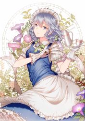 Rule 34 | 1girl, apron, between fingers, blue eyes, bow, bowtie, braid, clock, collared shirt, cup, floral background, flower, frilled skirt, frills, hair bow, highres, holding, holding knife, izayoi sakuya, kettle, knife, knives between fingers, light smile, looking at viewer, maid, maid apron, maid headdress, morning glory, pikuri, puffy short sleeves, puffy sleeves, roman numeral, rose, saucer, shirt, short sleeves, silver hair, skirt, solo, teacup, touhou, twin braids, upper body