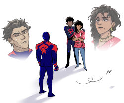 Rule 34 | 1girl, 2boys, animification, black eyes, black hair, brown hair, crossed arms, dark-skinned female, dark skin, earrings, gugusam0, hands on shoulders, hiding, hiding behind another, jewelry, korean commentary, leaf, long hair, marvel, mexican standoff, miguel o&#039;hara, miles morales, mother and son, multiple boys, necklace, red eyes, rio morales, serious, shadow, spider-man: across the spider-verse, spider-man (2099), spider-man (miles morales), spider-man (series), spider-verse, standing, sweatdrop, white background