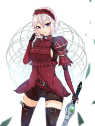 Rule 34 | 10s, 1girl, armor, arms behind back, belt, black gloves, bow, breasts, chaika bogdan, cowboy shot, earrings, fingerless gloves, flower, frills, frown, fujimaki yu, gloves, hairband, hitsugi no chaika, jewelry, large breasts, leg belt, lolita hairband, looking at viewer, medium breasts, purple eyes, red flower, red rose, rose, short hair, shorts, sideboob, solo, standing, sword, thighhighs, tsurime, weapon, white hair
