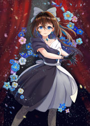 Rule 34 | 1girl, absurdres, aqua eyes, aqua flower, artist name, artist request, back bow, bare shoulders, belt, black dress, black gloves, black pantyhose, black skirt, blue eyes, blue flower, blush, bow, bow hairband, breasts, brooch, brown hair, brown pantyhose, buttons, choker, collarbone, curtains, diamond (gemstone), dress, drop earrings, earrings, evening gown, female focus, floating hair, flower, gloves, grey belt, grey bow, grey skirt, hair between eyes, hair bow, hairband, half updo, high ponytail, highres, jewelry, lace, lace gloves, long hair, looking at viewer, love live!, love live! nijigasaki high school idol club, love live! school idol festival, miniskirt, multicolored clothes, multicolored dress, off-shoulder dress, off shoulder, on stage, osaka shizuku, pantyhose, parted lips, pink flower, plaid, plaid dress, plaid skirt, pleated, pleated dress, pleated skirt, ponytail, red curtains, skirt, sleeveless, sleeveless dress, small breasts, smile, solitude rain (love live!), solo, stage, stage lights, two-tone dress, wavy hair, white bow, white choker, white dress, white flower, white skirt
