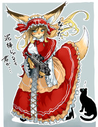 Rule 34 | !, 1girl, :3, absurdres, animal ears, assault rifle, black cat, black footwear, blonde hair, blue background, blue eyes, blush, cat, closed mouth, commentary request, doitsuken, dress, fang, fang out, fox ears, fox girl, fox tail, frilled skirt, frills, furry, furry female, gun, headdress, high heels, highres, holding, holding gun, holding weapon, long sleeves, looking at viewer, mouth hold, original, outline, red dress, rifle, scope, shirt, shoes, simple background, skirt, slit pupils, solo, standing, submachine gun, tail, translation request, trigger discipline, weapon, weapon request, whiskers, white outline, white shirt