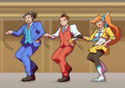 Rule 34 | 1girl, 2boys, :d, absurdres, ace attorney, antenna hair, apollo justice, athena cykes, black eyes, black hair, black pantyhose, blue jacket, blue necktie, blue pants, blue ribbon, blue suit, blue vest, blurry, blurry background, boots, bracelet, breast pocket, brown footwear, brown hair, buttons, clenched hand, closed mouth, collared shirt, crescent, crescent earrings, cropped jacket, dancing, earrings, formal, full body, gloves, hair ribbon, hand on own hip, highres, jacket, jewelry, lapel pin, lapels, layered sleeves, long hair, long sleeves, loose necktie, miniskirt, multiple boys, necklace, necktie, o3o, open collar, open mouth, orange hair, pants, pantyhose, partially fingerless gloves, phoenix wright, pocket, pokeno255, pose request, red necktie, red pants, red vest, ribbon, shirt, short hair, side ponytail, sidelocks, single earring, single glove, skirt, sleeve cuffs, sleeves rolled up, smile, spiked hair, standing, standing on one leg, suit, suit jacket, sweat, swept bangs, three-piece suit, untucked shirt, v-shaped eyebrows, very long hair, vest, white footwear, white shirt, yellow jacket, yellow skirt