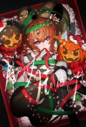 Rule 34 | 1girl, @ @, black bodysuit, black fur, body fur, bodysuit, bound, bound legs, box, breasts, candy, candy cane, christmas lights, cookie, cosplay, dark young (fate), dark young (fate) (cosplay), fate/grand order, fate (series), feet out of frame, fingernails, food, fujimaru ritsuka (female), fujimaru ritsuka (male), fur-trimmed pants, fur-trimmed shirt, fur-trimmed sleeves, fur trim, galibo, gingerbread man, goat horns, green ribbon, hair between eyes, happy holidays, hat, highres, horns, in box, in container, knees up, large horns, long sleeves, looking at viewer, lying, medium breasts, medium hair, mouth hold, on back, pants, pointy ears, pumpkin, red hat, red pants, red ribbon, red scarf, red shirt, ribbon, ribbon bondage, santa costume, santa hat, scarf, sharp fingernails, shirt, snow, solo, third eye, v-shaped eyebrows, very long fingernails, white fur