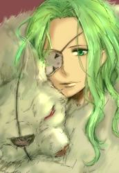Rule 34 | 10s, 1girl, around neck, creature, eyepatch, green eyes, green hair, kkch (smipon), looking at viewer, matching hair/eyes, menowa mei, portrait, solo, witch craft works, wolf