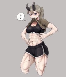 Rule 34 | 1girl, abs, absurdres, blonde hair, blue eyes, clothes in mouth, clothes lift, epakim, highres, horns, mouth hold, muscular, muscular female, musical note, original, scar, scar on face, shirt in mouth, shirt lift, shorts, solo, sports bra, sweat, thick thighs, thighs