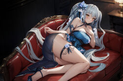 Rule 34 | 1girl, absurdres, ass, bare shoulders, blue dress, blush, breasts, brown eyes, cleavage, couch, dot nose, dress, flower, goddess of victory: nikke, hair flower, hair ornament, high heels, highres, indoors, knees together feet apart, large breasts, long hair, looking at viewer, lying, official alternate costume, on side, privaty (banquet princess) (nikke), ribbon, sleeveless, sleeveless dress, solo, thigh strap, thighs, twintails, very long hair, yuen