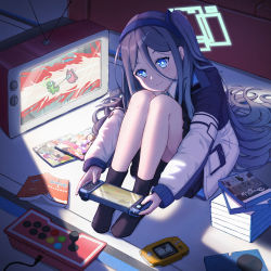 Rule 34 | 1girl, among us, aris (blue archive), blue archive, blue eyes, blue hair, commentary request, controller, dark blue hair, game controller, halo, highres, jacket, long hair, looking at viewer, maxdeng, midori (blue archive), momoi (blue archive), playing games, school uniform, smile, socks, solo, television, thighs, very long hair