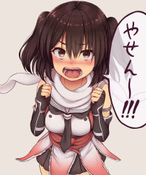 Rule 34 | 1girl, absurdres, black gloves, black skirt, blush, brown eyes, brown hair, elbow gloves, fingerless gloves, gloves, highres, kantai collection, looking at viewer, mogera81, night battle idiot, open mouth, pleated skirt, scarf, school uniform, sendai (kancolle), sendai kai ni (kancolle), serafuku, short hair, simple background, skirt, solo, two side up, white background, white scarf
