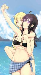 Rule 34 | &gt;:o, 2girls, :o, absurdres, ahoge, arm at side, arm up, armpits, bad id, bad pixiv id, bare arms, bare shoulders, beifeng han, bikini, black bikini, black hair, blonde hair, blue sky, blunt bangs, breasts, bright pupils, camera phone, cellphone, cleavage, clinging, clothes writing, cloud, collarbone, cyou shigen, day, earrings, glowing, glowing eyes, hair over one eye, hand on another&#039;s chest, highres, holding, holding phone, jewelry, large breasts, long hair, looking at viewer, miyaura sanshio, multiple girls, navel, o-ring, o-ring bikini, open mouth, original, outdoors, phone, purple eyes, sarong, selfie, sky, stomach, swimsuit, tareme, underboob, v-shaped eyebrows, wavy hair, yellow eyes, yuri