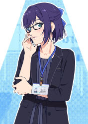 Rule 34 | 1girl, a-chan (2nd costume) (hololive), a-chan (hololive), black-framed eyewear, black jacket, black shirt, blazer, blue bow, blue eyes, blue hair, blush, bow, collarbone, commentary, flat chest, glasses, hair bow, hand on own face, happy birthday, highres, holding own arm, hololive, id card, jacket, lanyard, lips, looking at viewer, official alternate costume, outline, parted lips, shirt, shiwasu takashi, short hair, solo, standing, striped clothes, striped shirt, upper body, vertical-striped clothes, vertical-striped shirt, virtual youtuber, white outline