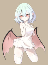 Rule 34 | 1girl, bare shoulders, bat wings, blue hair, blush, bow, bow panties, breasts, brown background, cleavage, closed mouth, collarbone, commentary request, cropped legs, ei tantan, eyelashes, frown, furrowed brow, garter straps, hair between eyes, hands on own chest, highres, light blue hair, lingerie, looking at viewer, medium breasts, negligee, panties, pointy ears, red eyes, remilia scarlet, short hair, simple background, slit pupils, solo, standing, thighhighs, thighs, touhou, underwear, white bow, white panties, white thighhighs, wings