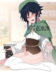 Rule 34 | 1boy, alcohol, beret, blurry, blurry background, blush, bottle, braid, cape, censored, clothes pull, collared cape, come hither, commentary, english commentary, erection, full body, genshin impact, gradient hair, green cape, green hat, hat, head tilt, highres, holding, indoors, instanttnoodle, knees together feet apart, legs, looking at viewer, lower teeth only, male focus, mosaic censoring, multicolored hair, no shoes, open mouth, pantyhose, pantyhose pull, penis, pointless censoring, sake, sake bottle, shirt, short hair with long locks, side braids, sitting, solo, teeth, thighs, trap, twin braids, twitter username, venti (genshin impact), wakamezake, wariza, wet, white pantyhose, white shirt