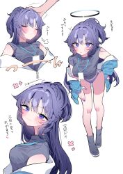 Rule 34 | 1girl, :3, :o, absurdres, black shirt, blue archive, blue eyes, blue nails, blush, breasts, closed eyes, halo, hand on own hip, headpat, highres, id card, jacket, lanyard, leaning forward, long hair, looking at viewer, medium breasts, momico co, multiple views, open clothes, open jacket, purple hair, shirt, sigh, simple background, smile, star sticker, sticker on face, track jacket, translation request, very long hair, yuuka (blue archive), yuuka (track) (blue archive)