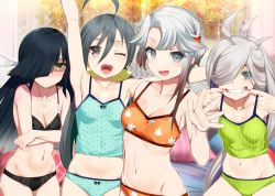 Rule 34 | 4girls, :d, ;d, ahoge, akishimo (kancolle), arm up, asashimo (kancolle), asymmetrical bangs, asymmetrical hair, black hair, blush, breasts, crossed arms, gradient hair, grey eyes, grey hair, grin, hair between eyes, hair over one eye, hair ribbon, hand up, hayashimo (kancolle), highres, kantai collection, kiyoshimo (kancolle), kusaka souji, long hair, looking at viewer, low twintails, multicolored hair, multiple girls, navel, one eye closed, open mouth, ponytail, ribbon, sharp teeth, short hair with long locks, small breasts, smile, stomach, teeth, twintails, underwear, underwear only, very long hair