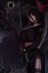 Rule 34 | 1girl, :o, absurdres, aoi riko, black choker, black gloves, black hair, black serafuku, black thighhighs, black wings, blue archive, bolt action, breasts, bullet, choker, crop top, crop top overhang, cropped shirt, eclipse, feathered wings, floating hair, garter belt, gloves, gun, halo, hasumi (blue archive), highres, holding, holding bullet, holding gun, holding weapon, large breasts, long hair, long skirt, long sleeves, looking at viewer, m1917 enfield, mole, mole under eye, neckerchief, outdoors, pleated skirt, red eyes, red neckerchief, rifle, school uniform, serafuku, side slit, skirt, solar eclipse, solo, straight hair, thighhighs, very long hair, weapon, wings