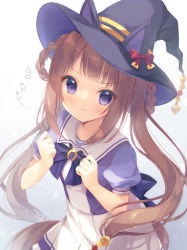 Rule 34 | 1girl, animal ears, blouse, blush, brown hair, clenched hands, hat, horse ears, horse girl, long hair, looking at viewer, pout, purple eyes, purple shirt, school uniform, shirt, simple background, solo, sweep tosho (umamusume), tears, tracen school uniform, translation request, twintails, umamusume, white background, witch hat, yukie (peach candy)