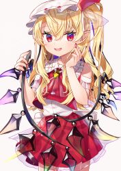 Rule 34 | 1girl, :d, adapted costume, alternate hair length, alternate hairstyle, ascot, bare shoulders, blonde hair, brooch, commentary request, cowboy shot, crystal, fangs, flandre scarlet, frilled shirt collar, frills, gunjou row, hair between eyes, hand on own cheek, hand on own face, hat, hat ribbon, highres, holding, jewelry, long hair, looking at viewer, mob cap, nail polish, one side up, open mouth, petticoat, pointy ears, red eyes, red nails, red ribbon, red skirt, red vest, ribbon, shirt, simple background, skirt, skirt set, slit pupils, smile, solo, standing, touhou, vest, white background, white hat, white shirt, wings