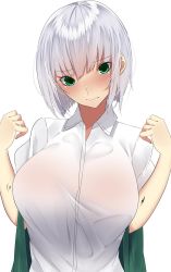 Rule 34 | 1girl, alternate breast size, blush, bob cut, bouncing breasts, breasts, closed mouth, collared shirt, commentary request, dress shirt, embarrassed, eyelashes, green eyes, green vest, hair between eyes, hands up, head tilt, highres, konpaku youmu, large breasts, looking at viewer, nose blush, onineko-chan, open clothes, open vest, shirt, short hair, short sleeves, silver hair, simple background, solo, standing, touhou, upper body, vest, white background, white shirt