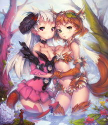 Rule 34 | 1boy, 2girls, :3, animal ears, bandeau, bare tree, breasts, character request, collar, collarbone, copyright request, demon girl, demon horns, demon tail, dress, flower, fox ears, fox tail, fur, green eyes, holding hands, horn ornament, horn ribbon, horns, hydrangea, leaf, long hair, looking at another, looking at viewer, medium breasts, mini person, miniboy, multiple girls, outdoors, partially submerged, pond, purple dress, purple eyes, purple ribbon, red ribbon, ribbon, rodway, short hair, sleeveless, sleeveless dress, standing, strapless, strapless dress, tail, tail ornament, tail ribbon, tree, water, white hair